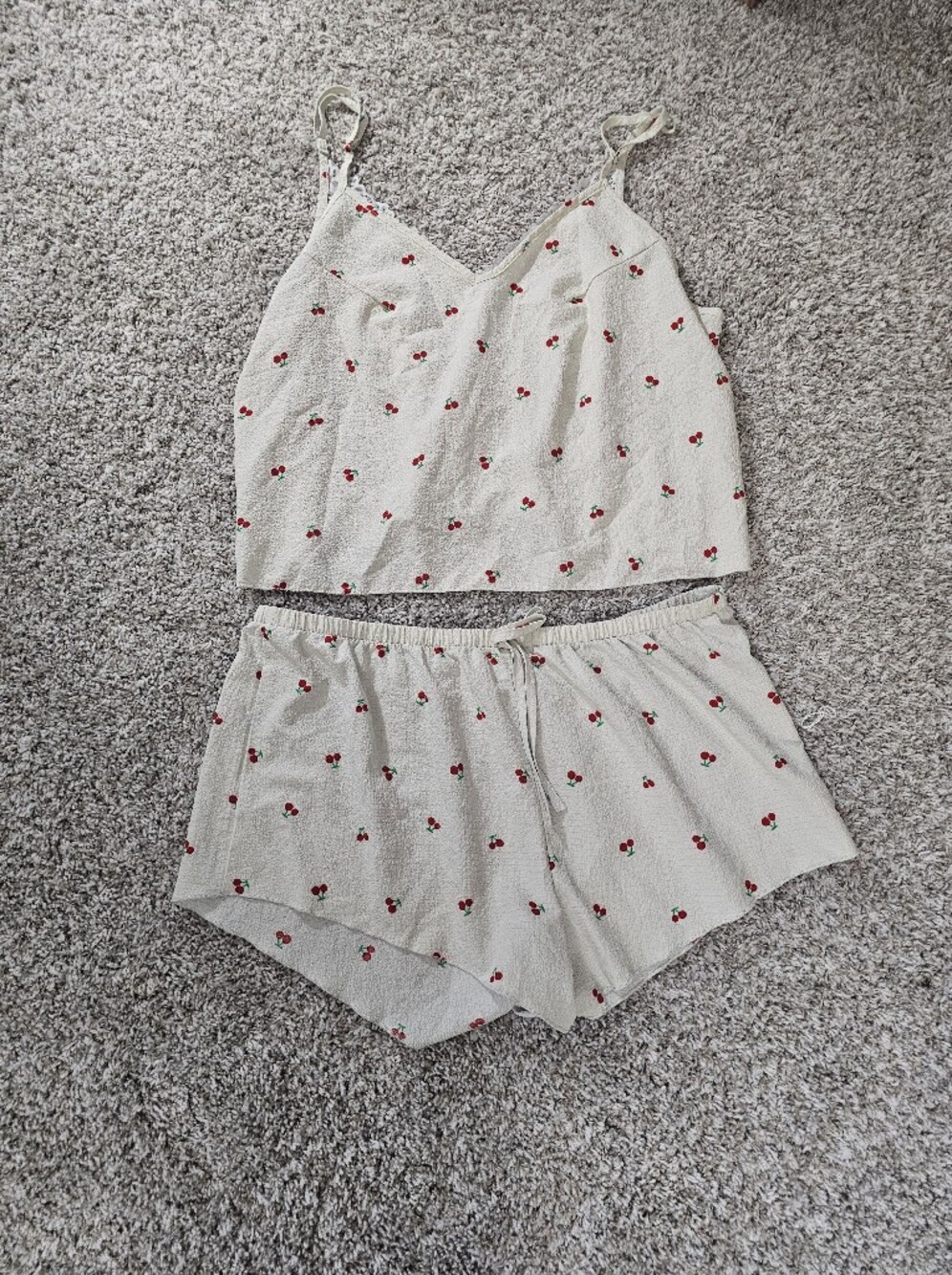 Cherry Print Cream Women's Pajamas - Casual Elastic Waist